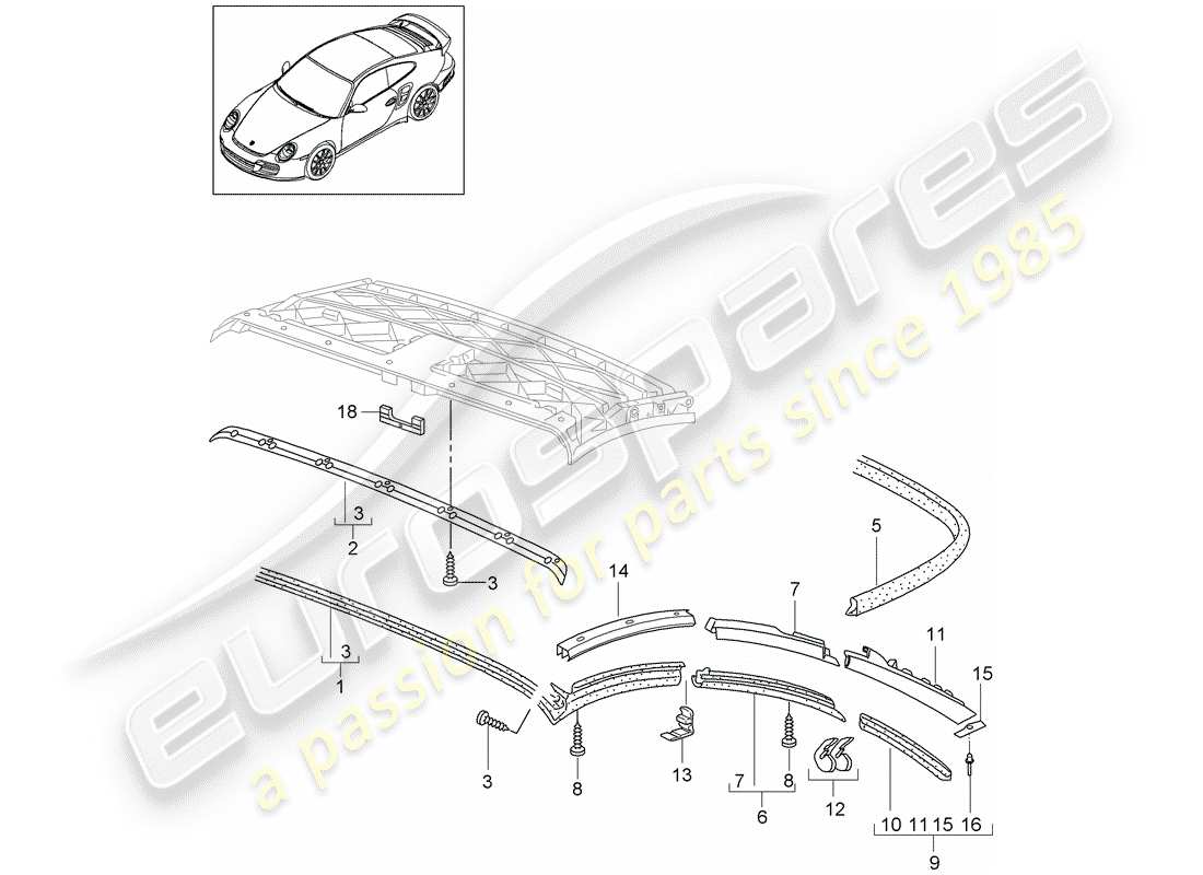 porsche 997 t/gt2 (2009) convertible top parts diagram