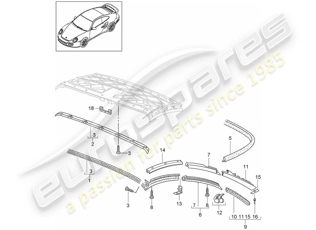 porsche 997 t/gt2 (2007) convertible top part diagram