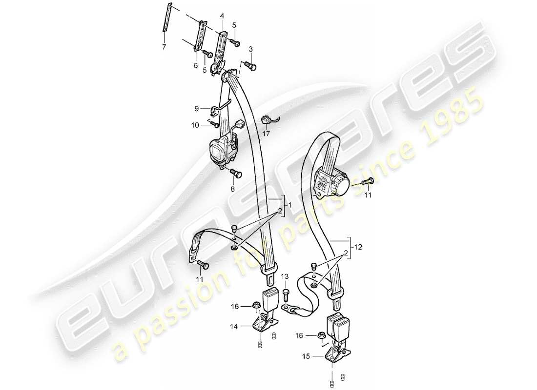 porsche cayenne (2005) three-point seat belt part diagram