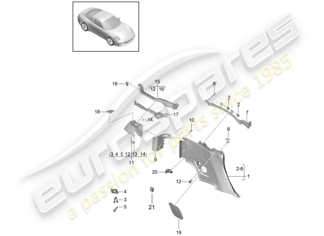 porsche 991 gen. 2 (2019) side trim panel part diagram