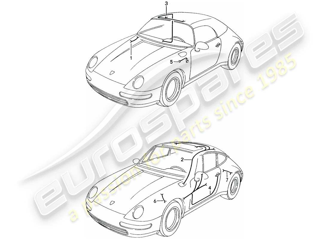 porsche 993 (1996) wiring harnesses - luggage compartment lamp - sunroof - convertible top control - driver's door - passenger's door - turn signal repeater - anti-locking brake syst. -abs- part diagram