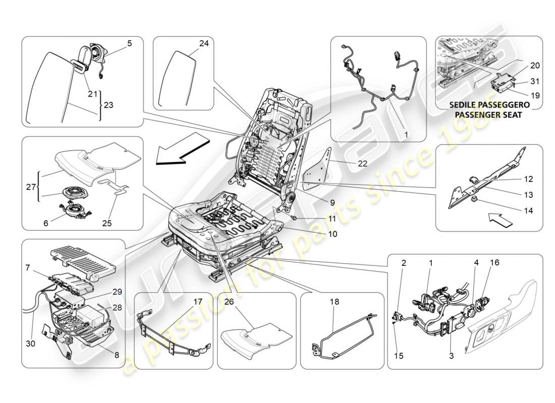 maserati qtp 3.0 bt v6 410hp (2014) front seats: mechanics and electronics part diagram