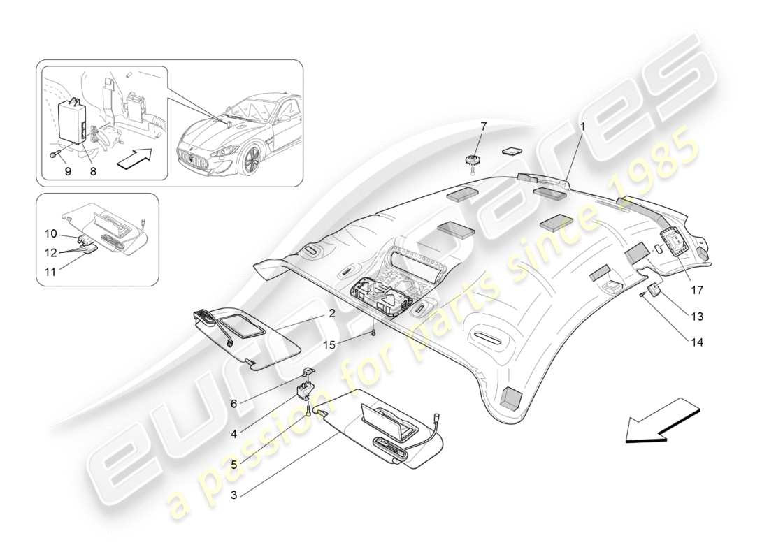 maserati granturismo (2016) roof and sun visors part diagram