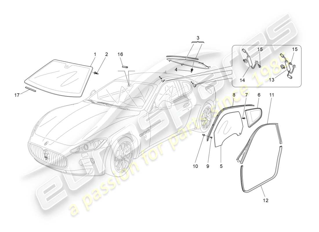 maserati granturismo (2013) windows and window strips part diagram