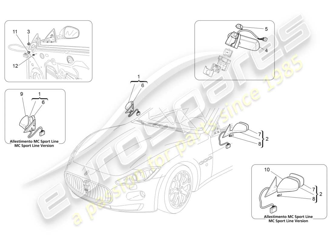 maserati granturismo (2016) internal and external rear-view mirrors part diagram