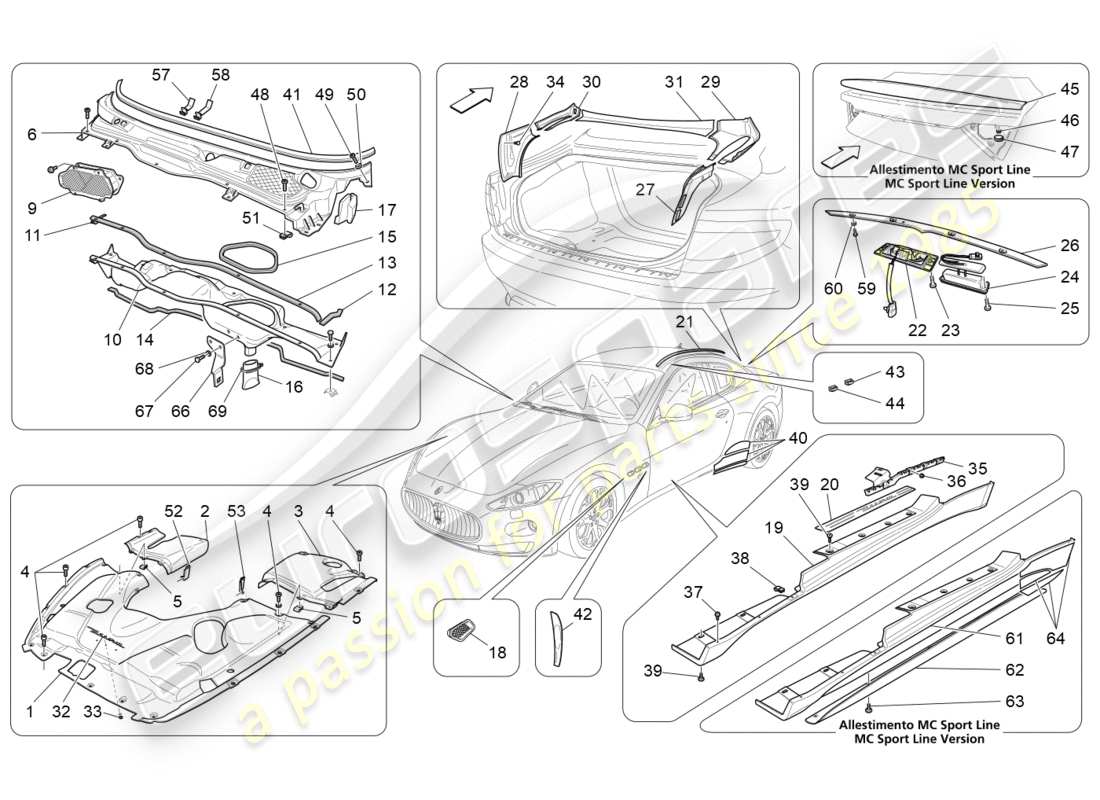 maserati granturismo (2011) shields, trims and covering panels parts diagram