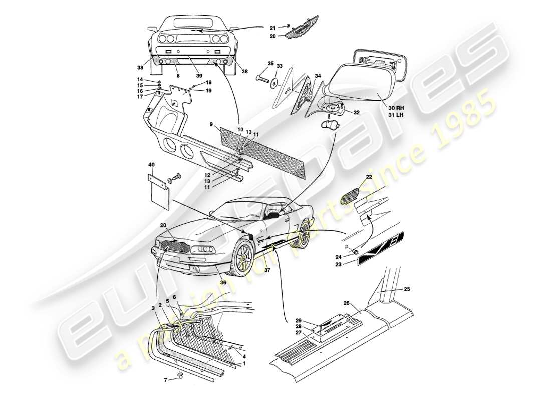 aston martin v8 volante (1997) body fittings part diagram