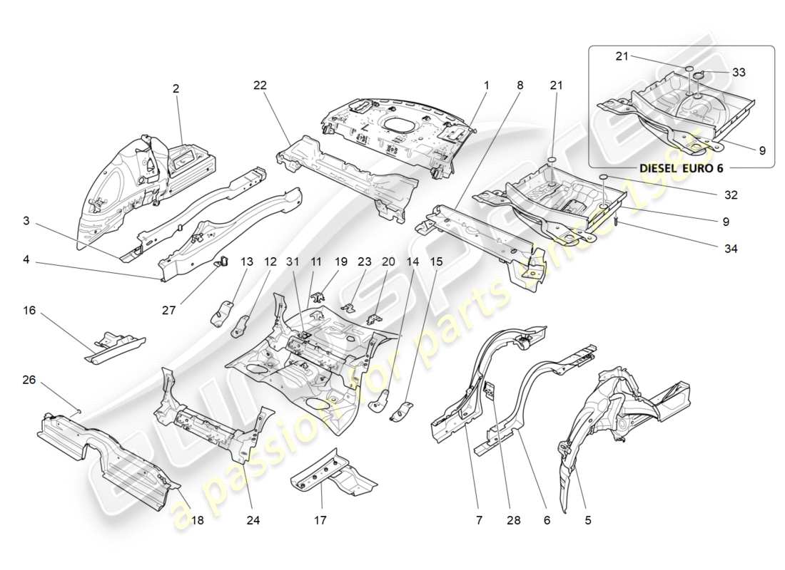 maserati qtp 3.0 bt v6 410hp (2014) rear structural frames and sheet panels part diagram