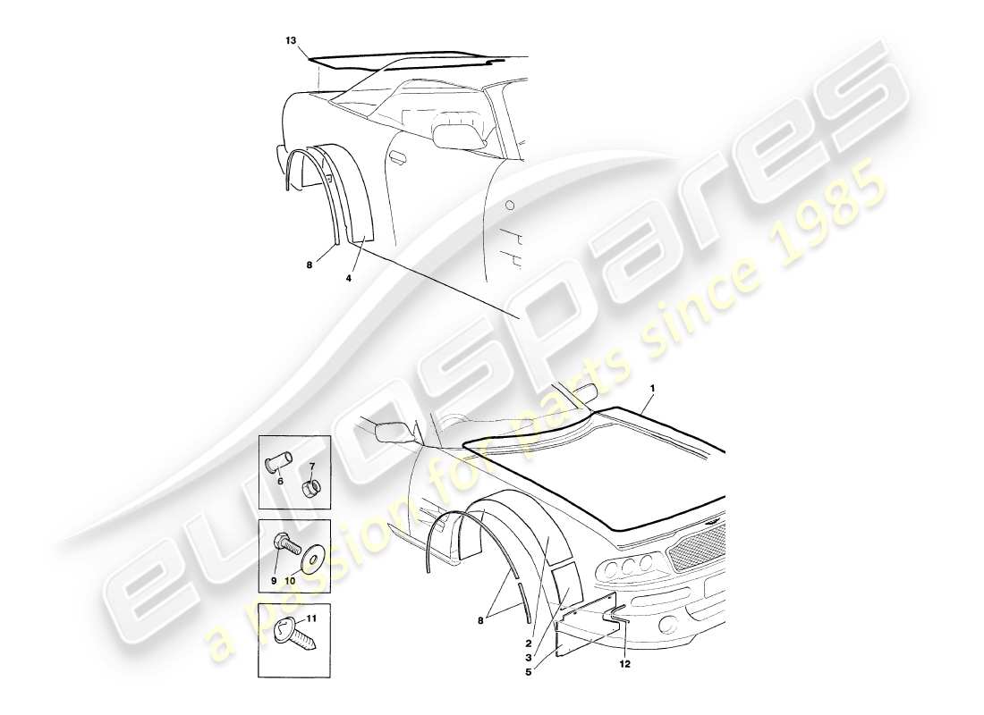 aston martin v8 volante (1998) weather seals part diagram