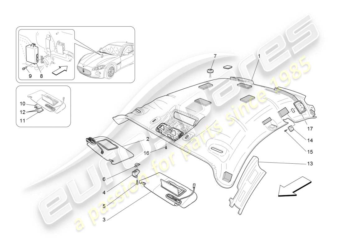 maserati granturismo (2008) roof and sun visors parts diagram