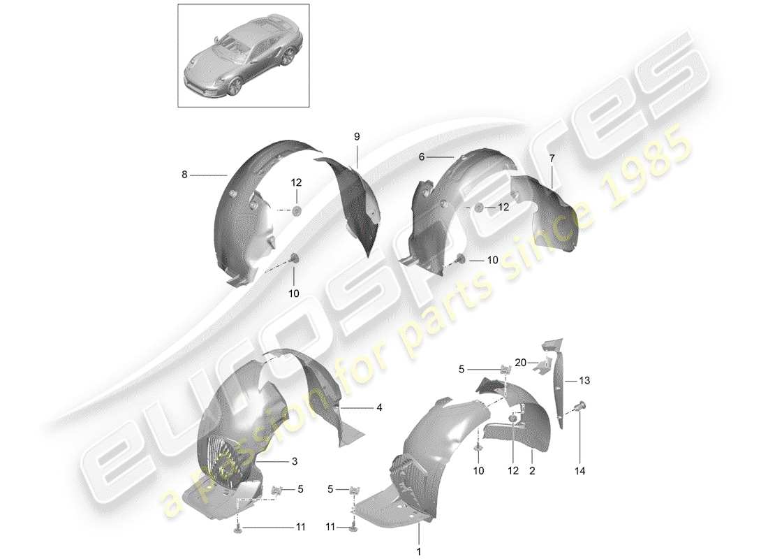 porsche 991 turbo (2019) wheelhouse protector part diagram