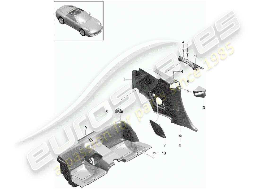 porsche 991 (2012) quarter trim panel part diagram