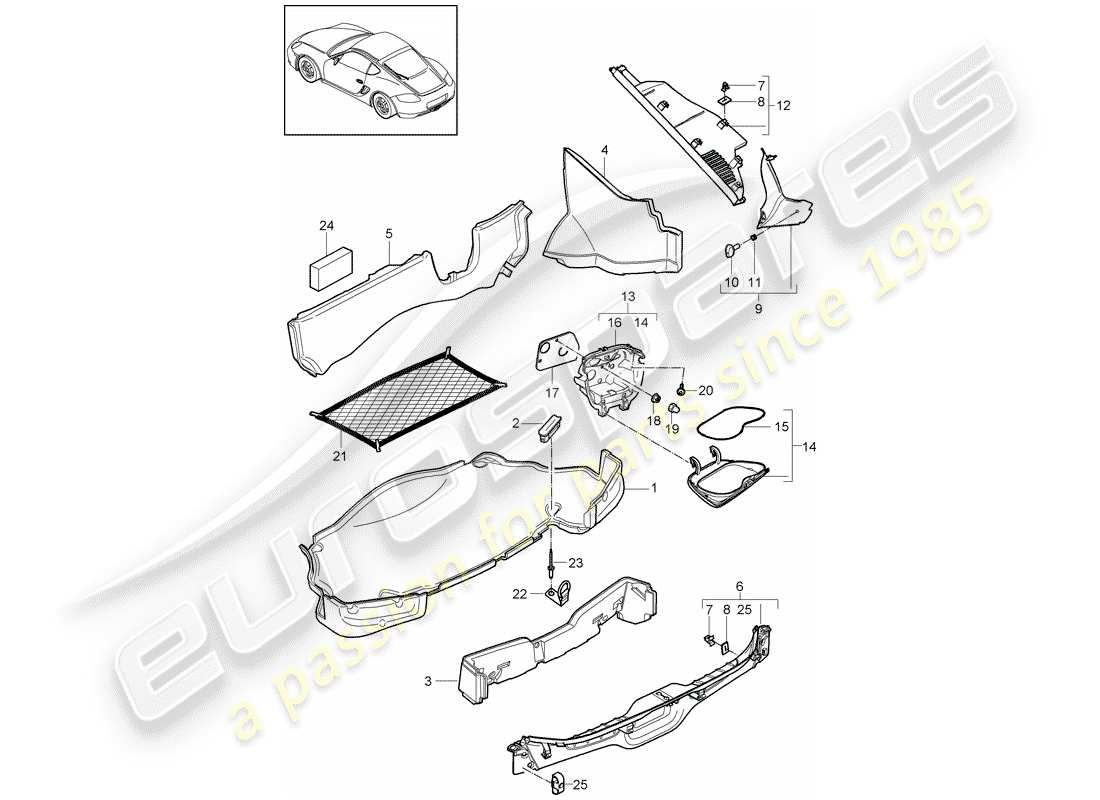 porsche cayman 987 (2012) luggage compartment parts diagram