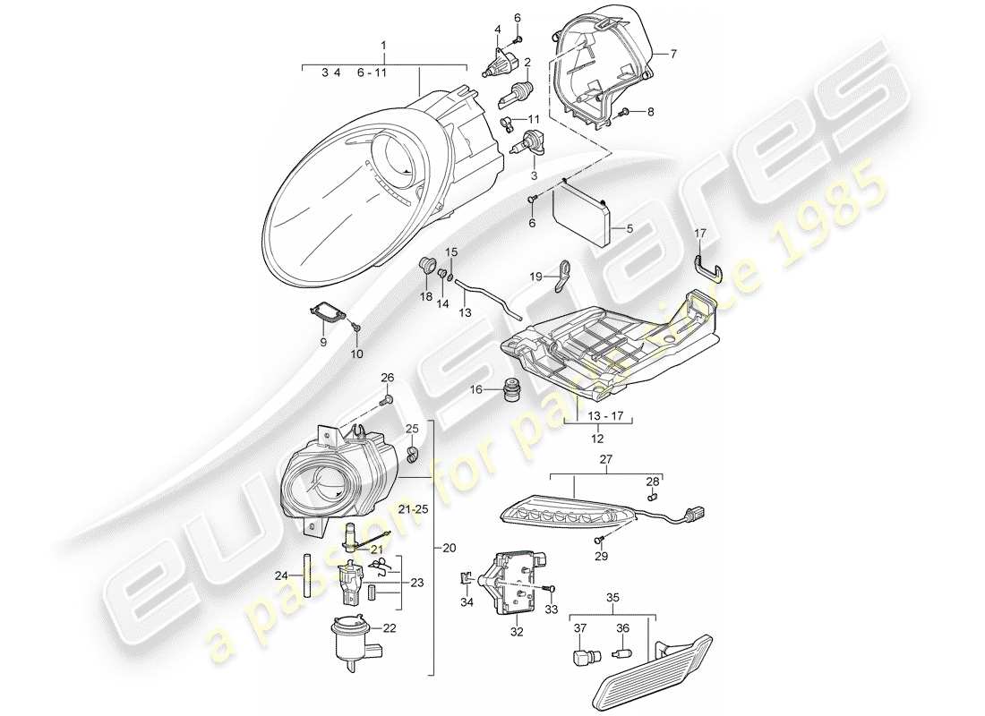 porsche 997 t/gt2 (2007) headlamp part diagram