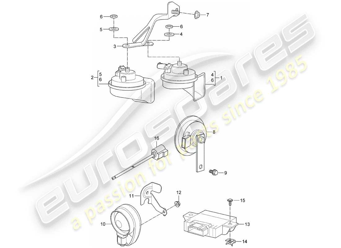 porsche 997 t/gt2 (2009) fanfare horn parts diagram