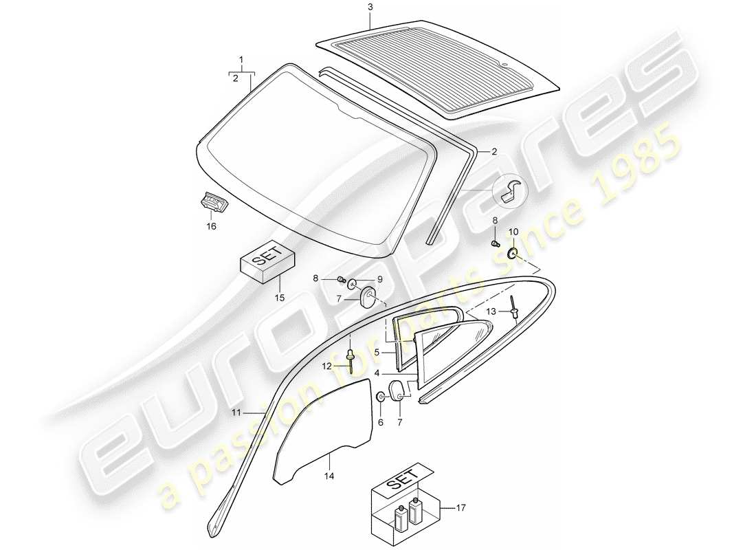 porsche 997 t/gt2 (2007) window glazing part diagram