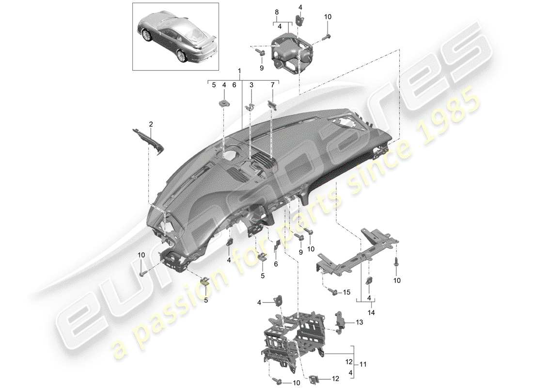 porsche 991r/gt3/rs (2020) dash panel trim parts diagram