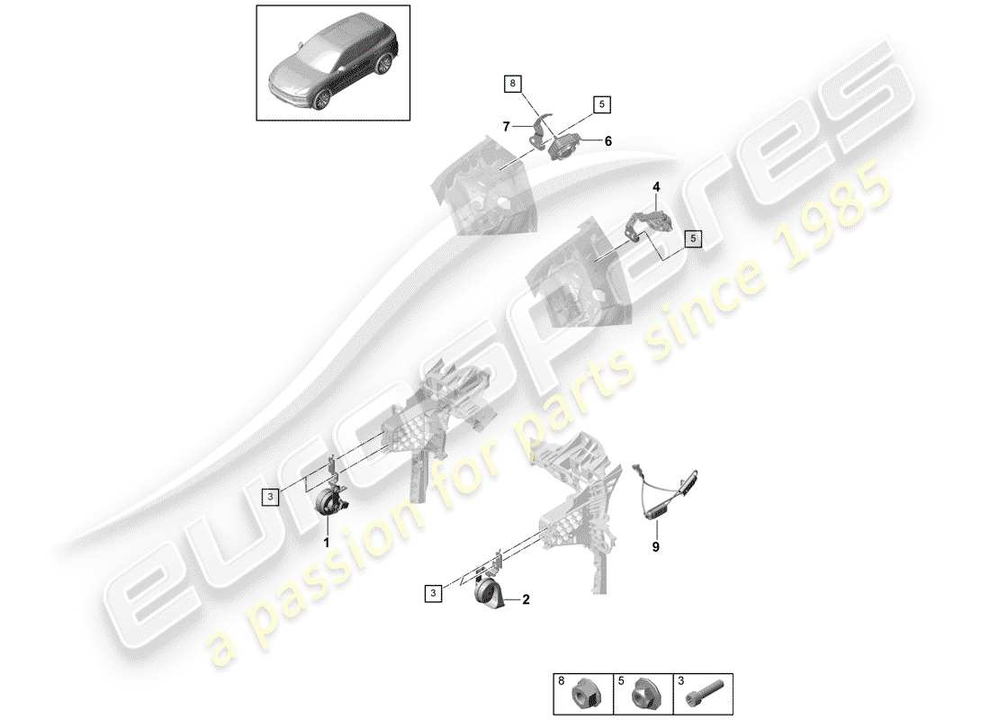 porsche cayenne e3 (2018) fanfare horn part diagram