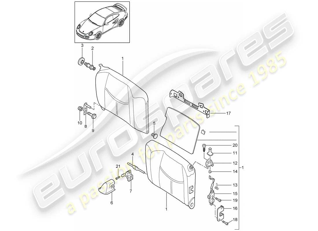 porsche 997 t/gt2 (2007) emergency seat backrest part diagram