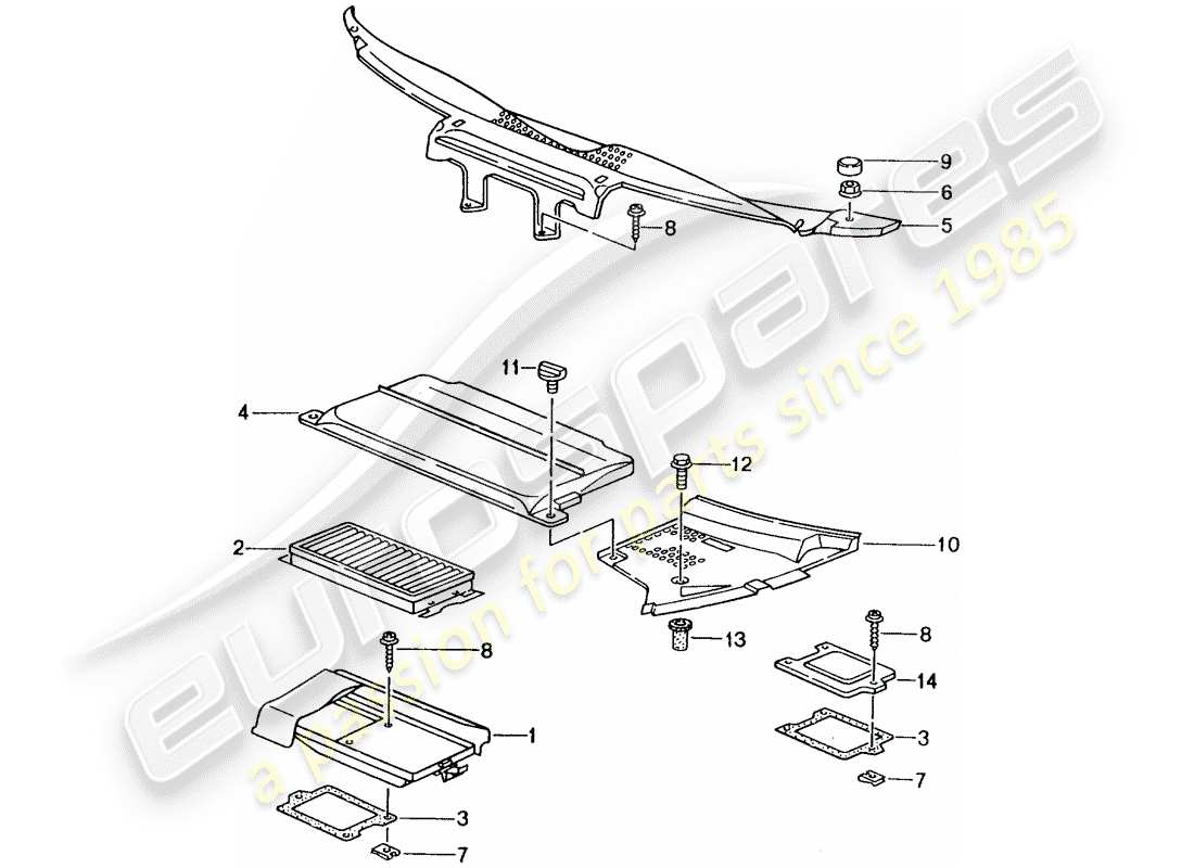 porsche 996 gt3 (2004) dust and pollen filter element - covers - cowl part diagram