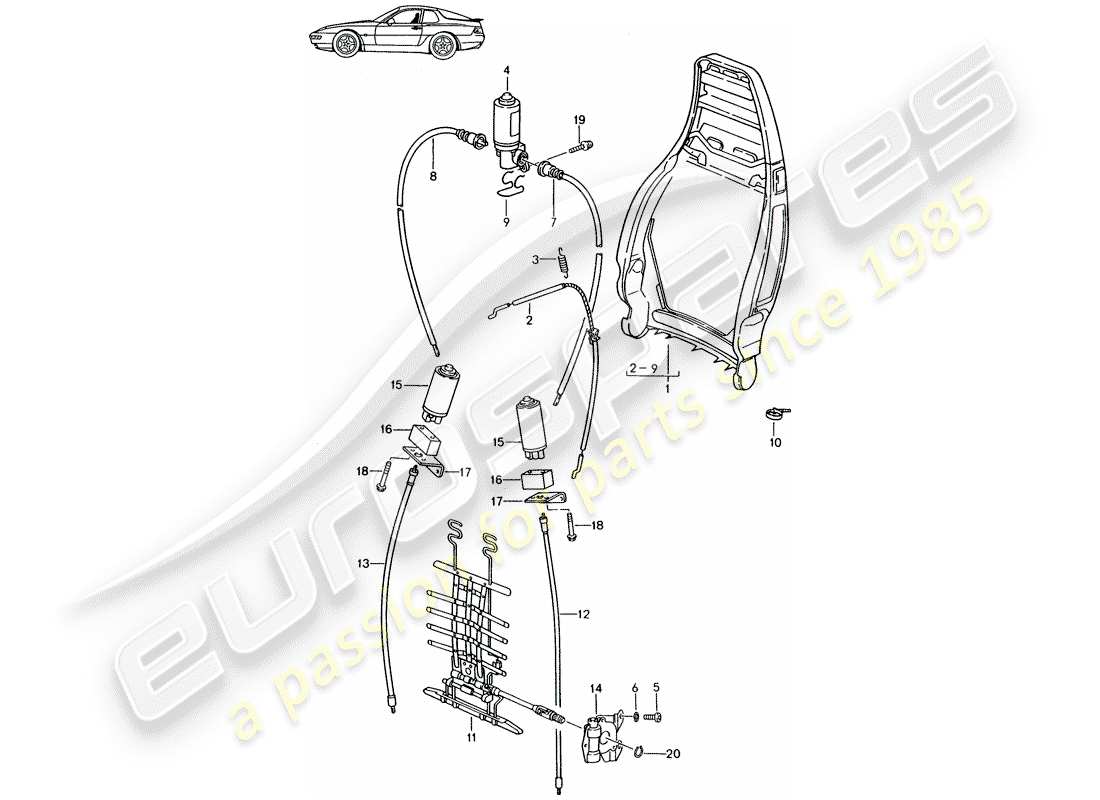 porsche seat 944/968/911/928 (1986) backrest frame - electric - manually - lumbar support - d - mj 1992>> - mj 1995 parts diagram