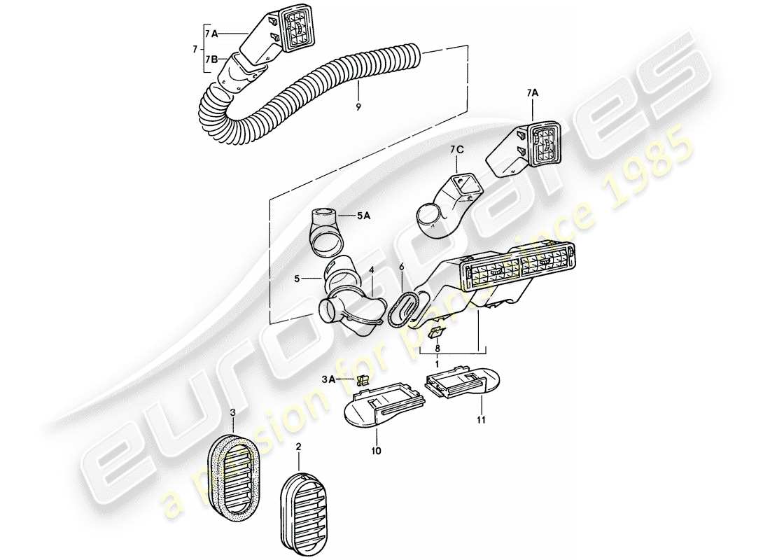 porsche 924 (1976) air vent - trim - air hose parts diagram