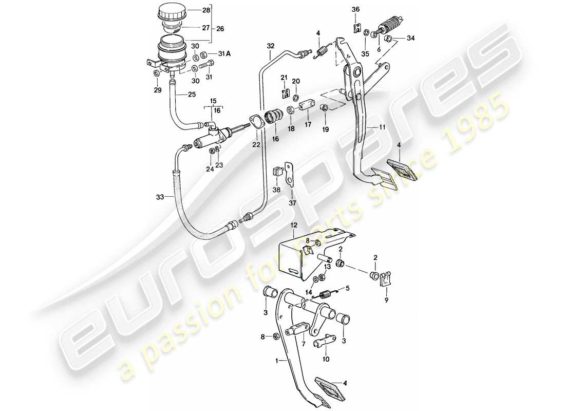 porsche 924s (1987) brake - clutch - pedals part diagram