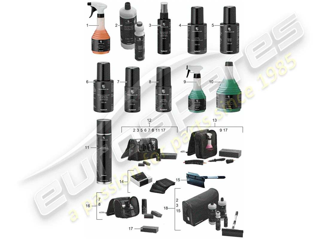 porsche tequipment 98x/99x (2016) cleaning agent part diagram