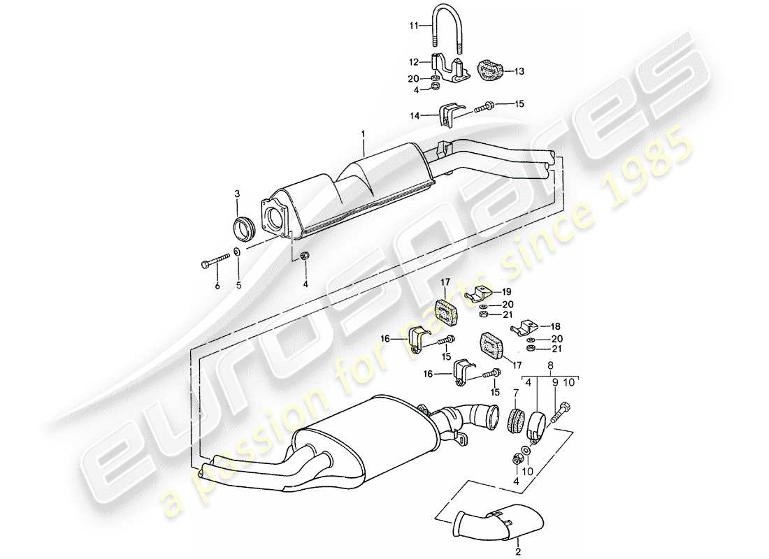porsche 968 (1992) exhaust system - middle exhaust muffler - exhaust silencer, rear part diagram