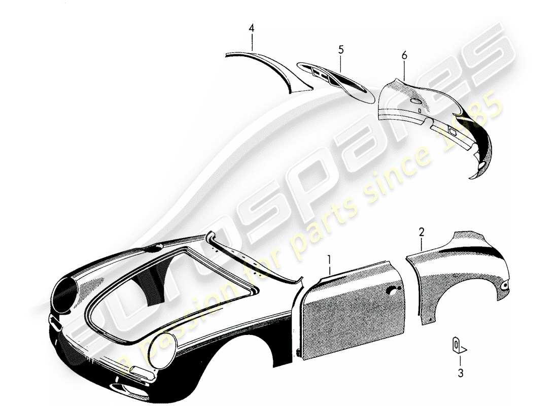 porsche 356/356a (1950) exterior panelling - fender parts diagram