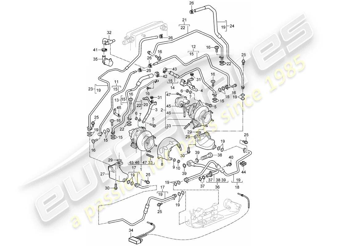 porsche 997 t/gt2 (2007) exhaust gas turbocharger part diagram