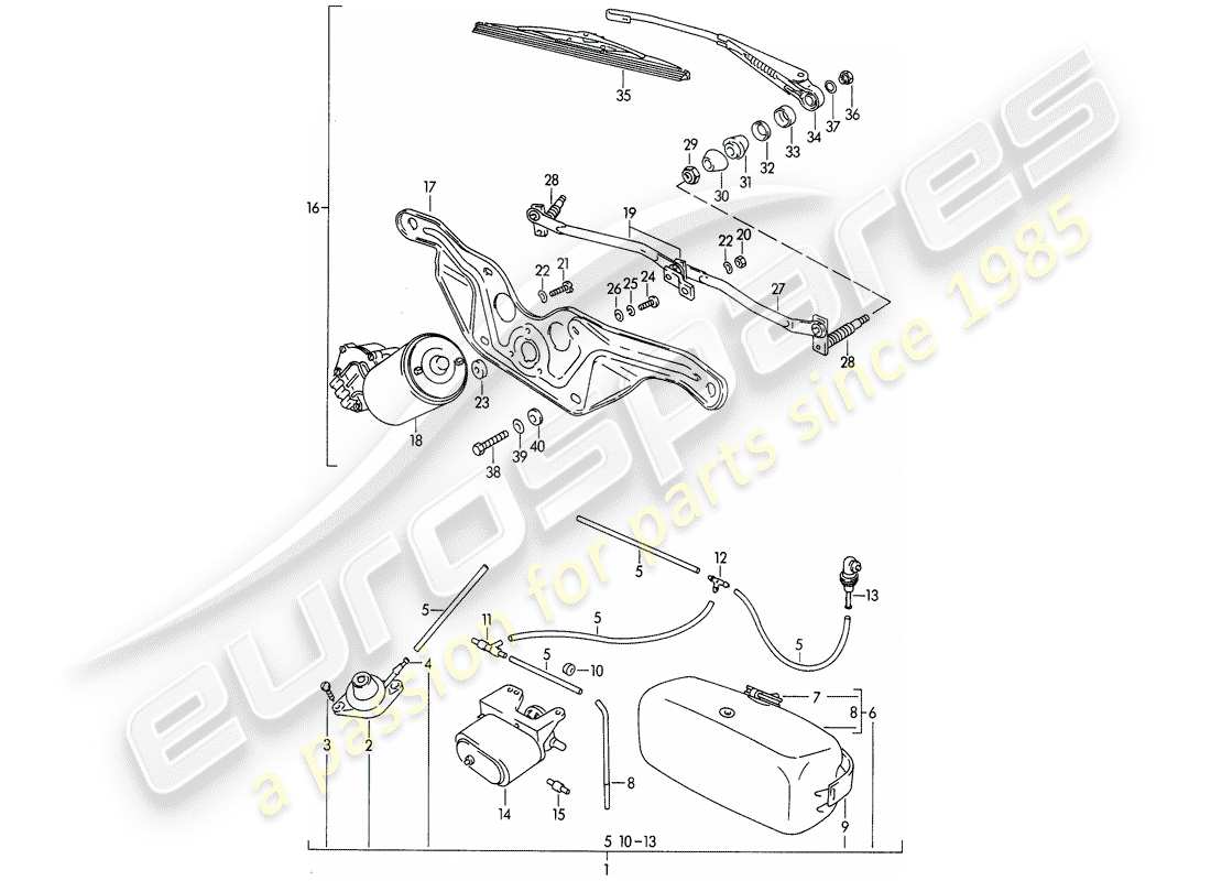 porsche 356b/356c (1960) windshield washer unit - windscreen wiper system part diagram