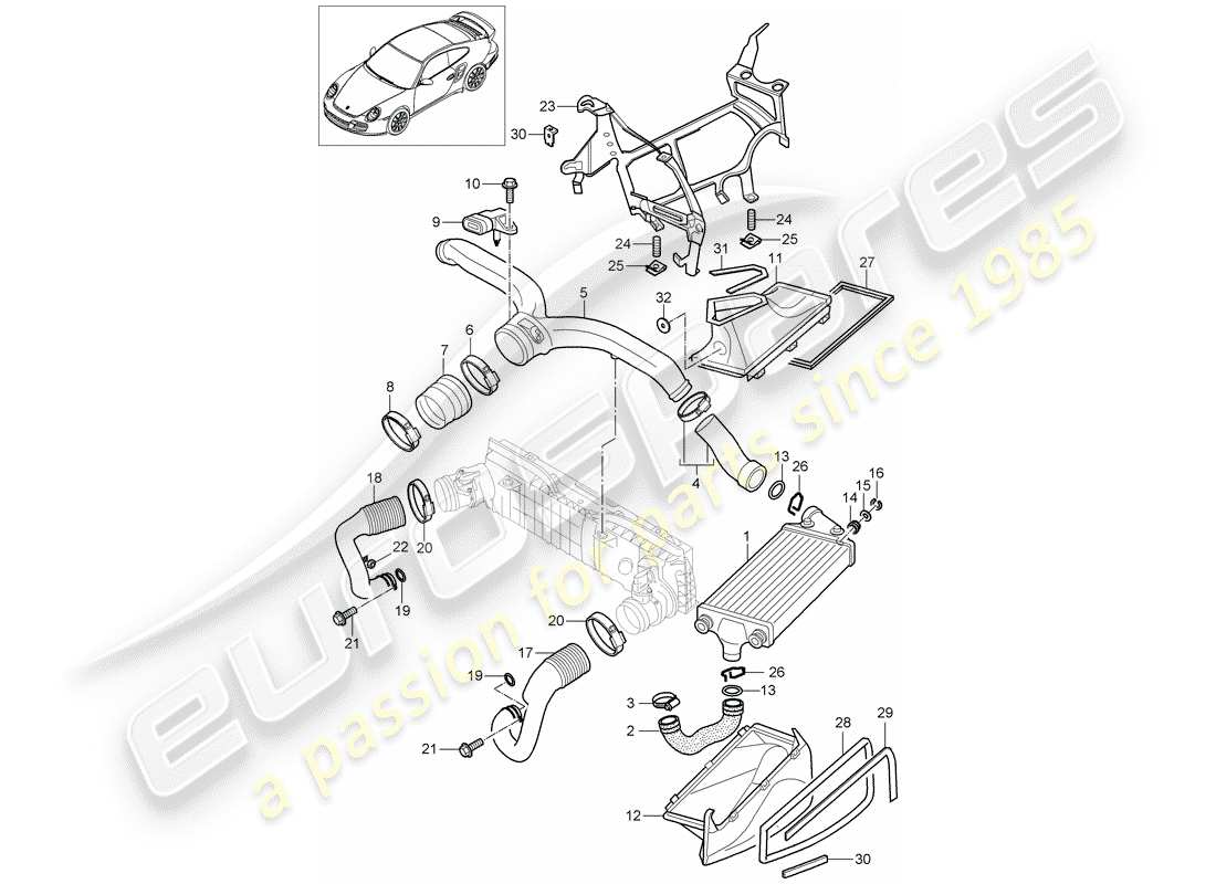 porsche 997 t/gt2 (2007) turbocharging part diagram