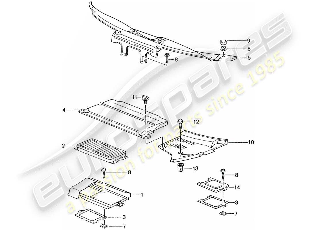 porsche 996 t/gt2 (2005) dust and pollen filter element - covers - cowl part diagram