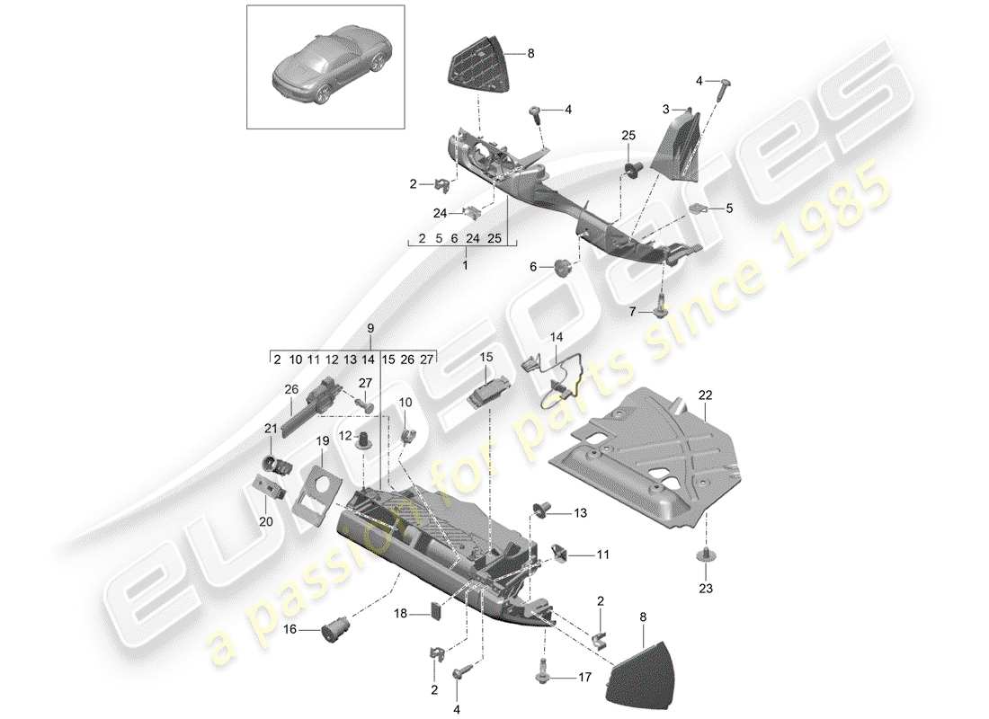 porsche boxster 981 (2013) glove box parts diagram