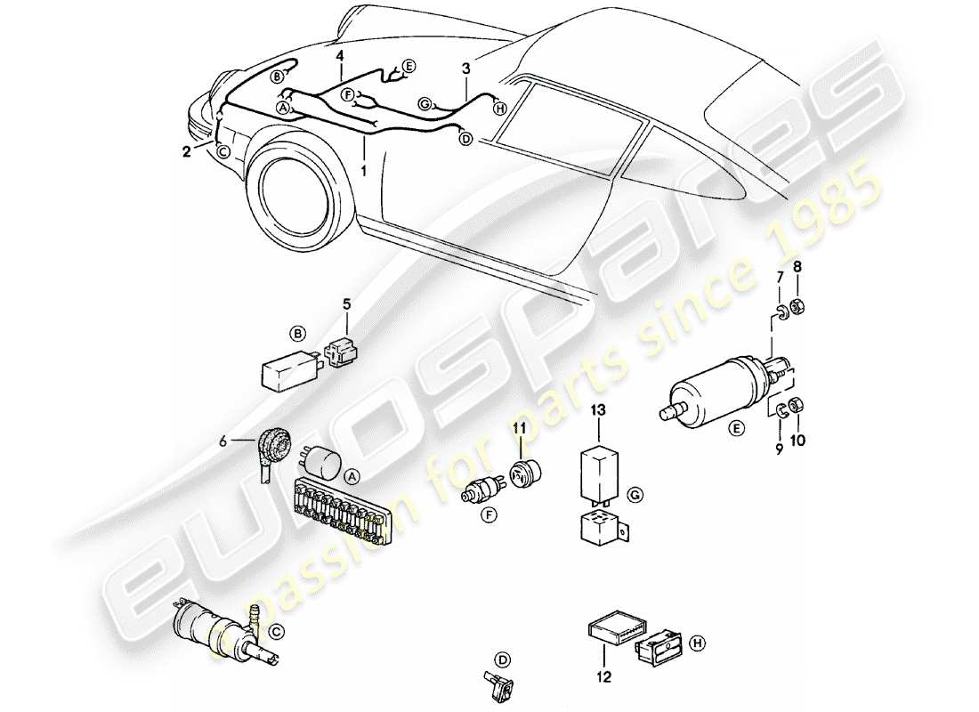 porsche 911 (1981) wiring harnesses - headlight washer system - warning light - fuel pump part diagram