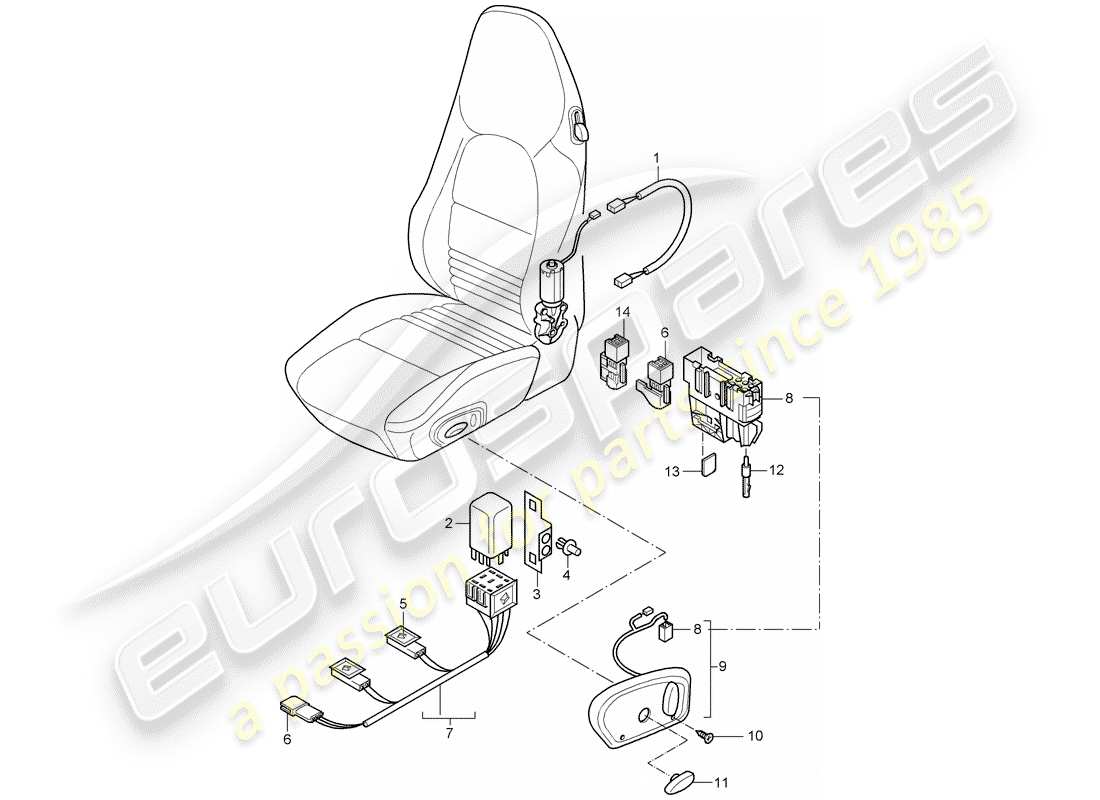 porsche 996 t/gt2 (2003) wiring harnesses - switch - standard seat - sports seat parts diagram