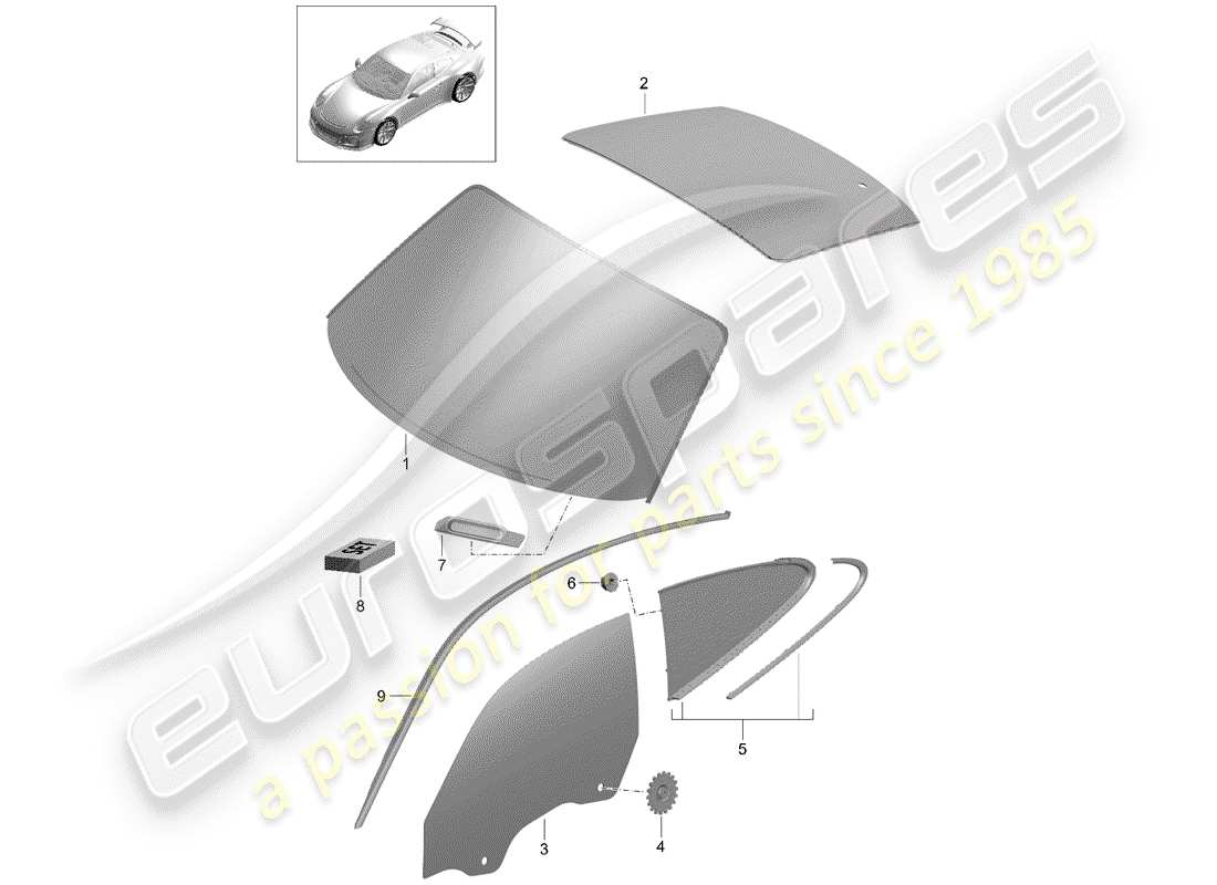 porsche 991r/gt3/rs (2020) windshield glass parts diagram