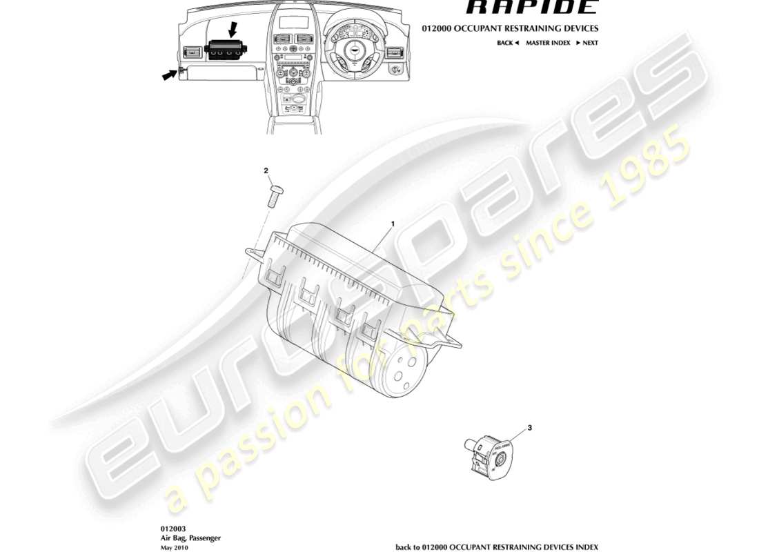 aston martin rapide (2011) airbag, passenger part diagram