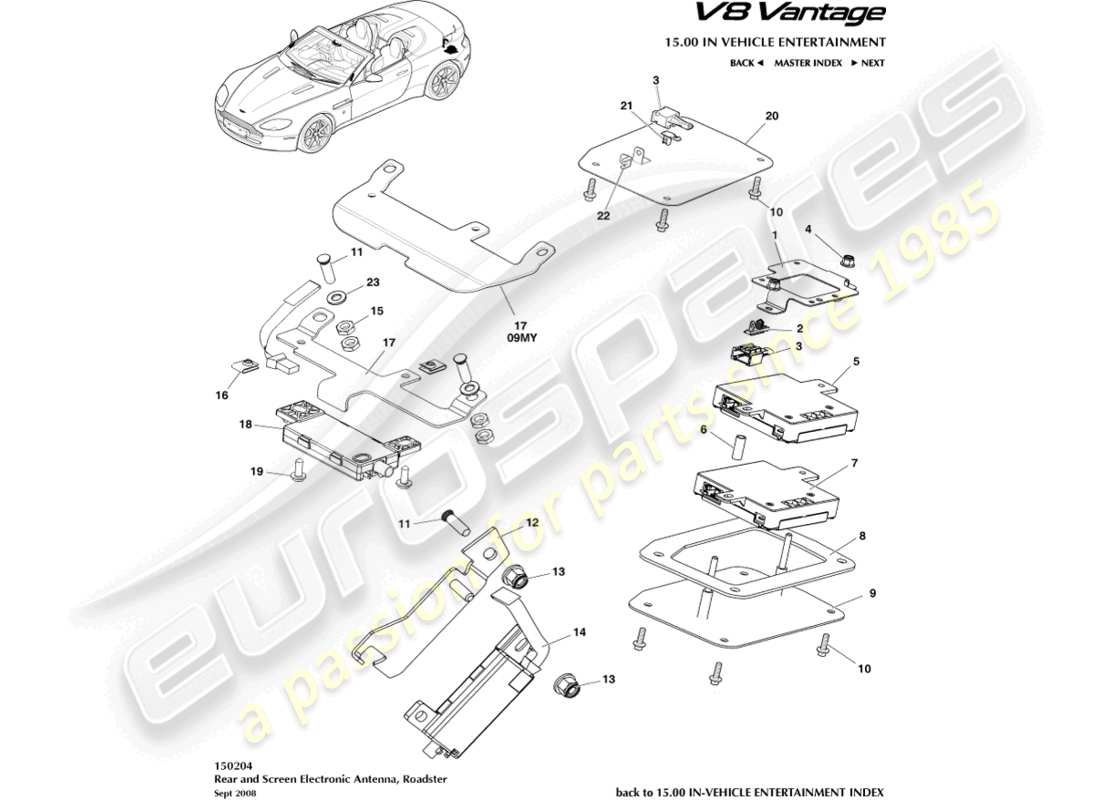 aston martin v8 vantage (2014) rear & screen antenna, roadster part diagram