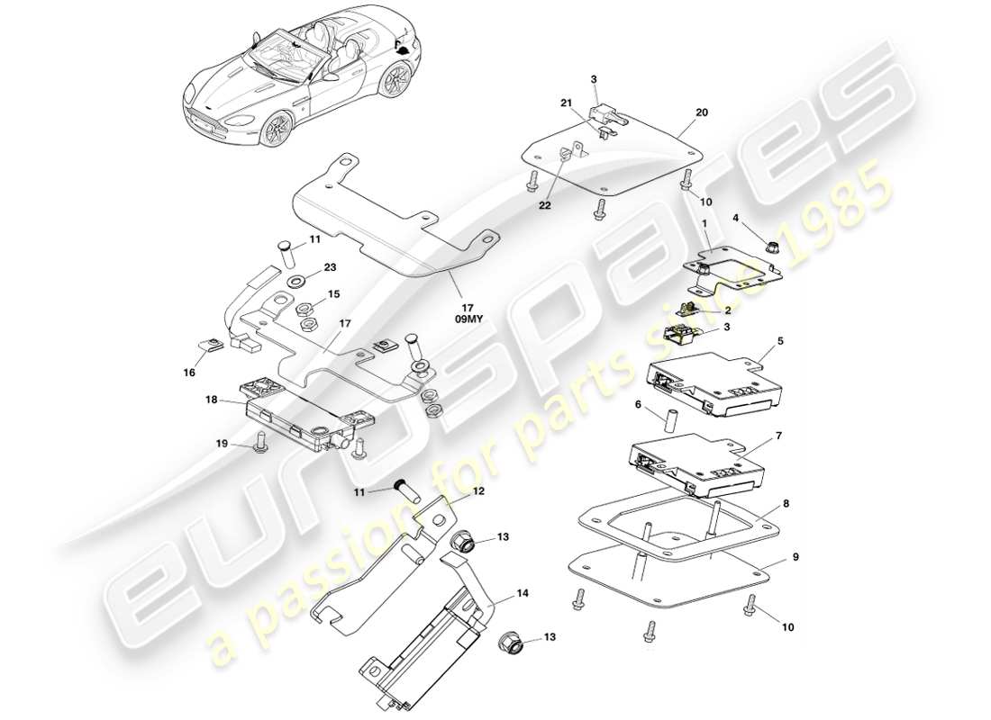 aston martin v8 vantage (2005) rear & screen antenna, roadster part diagram