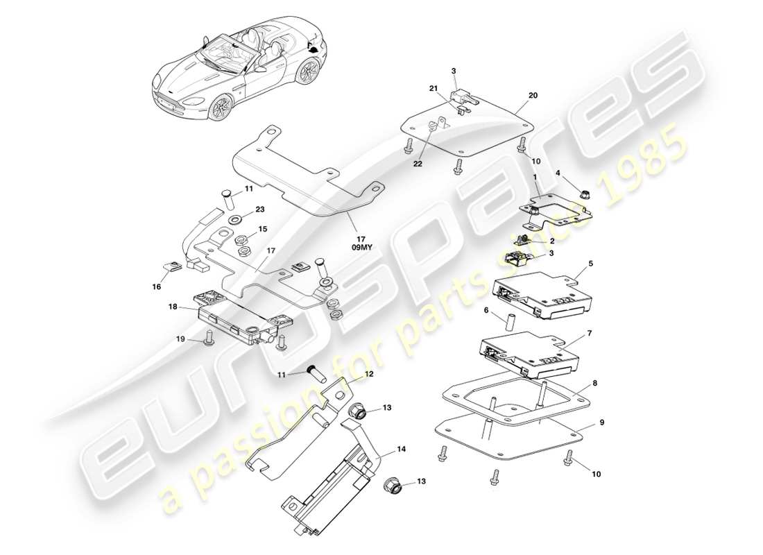 aston martin v8 vantage (2007) rear & screen antenna, roadster part diagram