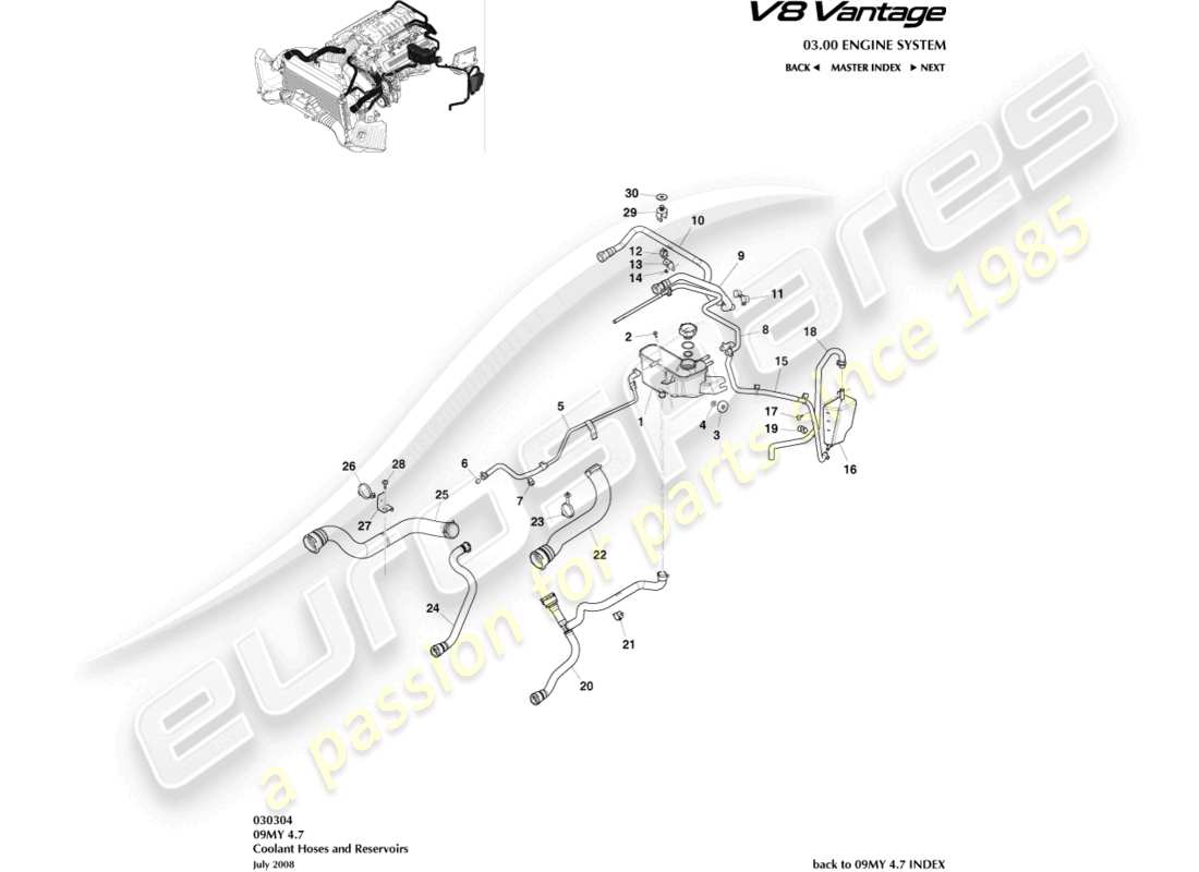 aston martin v8 vantage (2014) coolant hoses & reservoir part diagram