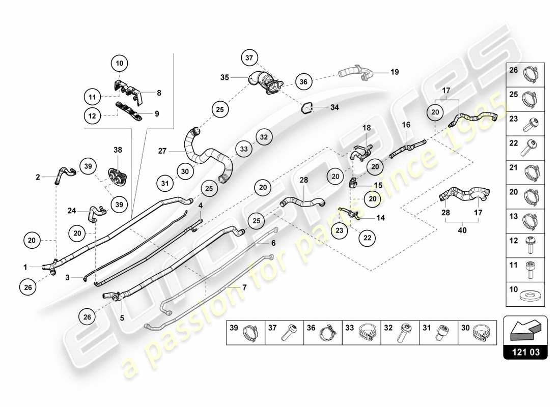 lamborghini performante coupe (2019) coolant hoses and pipes center parts diagram