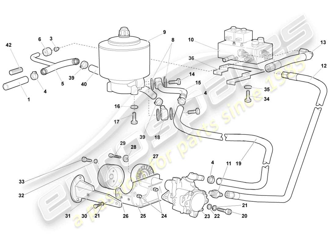 lamborghini murcielago coupe (2005) hydraulic system and fluid container with connect. pieces part diagram