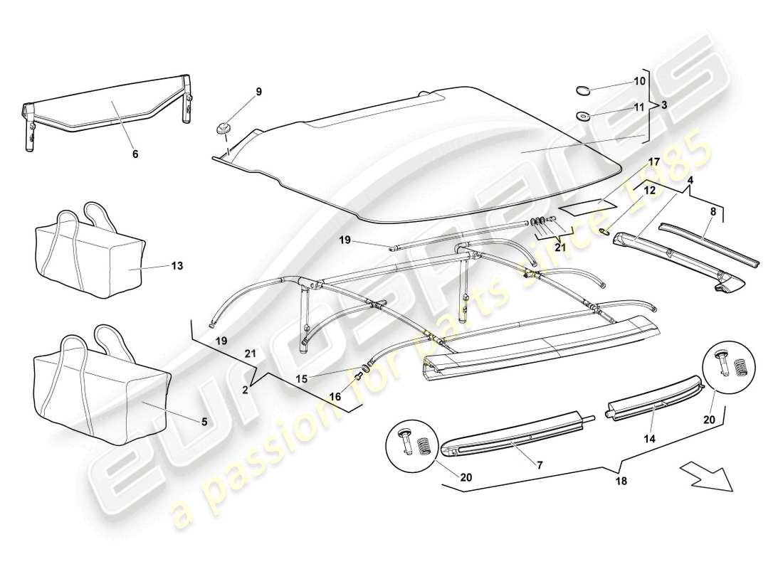 lamborghini murcielago roadster (2006) cover - top parts diagram