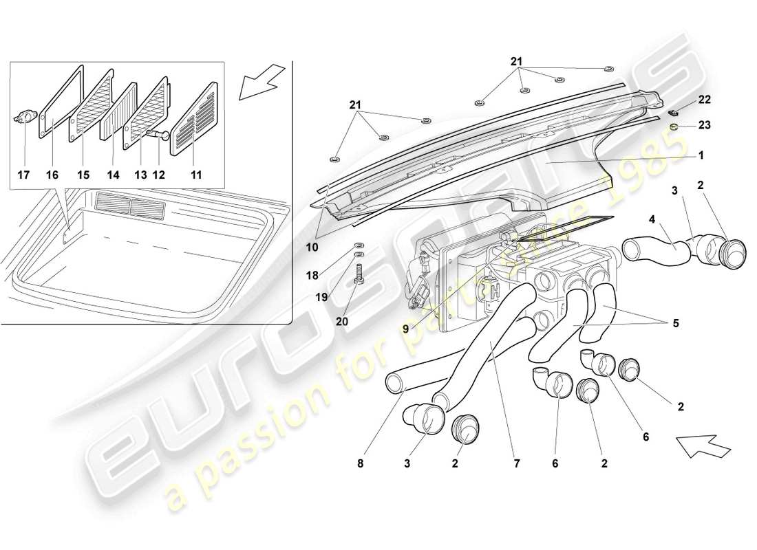 lamborghini murcielago coupe (2002) air and footwell heater ducts, air hoses and vents parts diagram