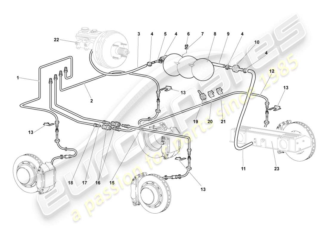 lamborghini murcielago coupe (2004) brake pipe parts diagram