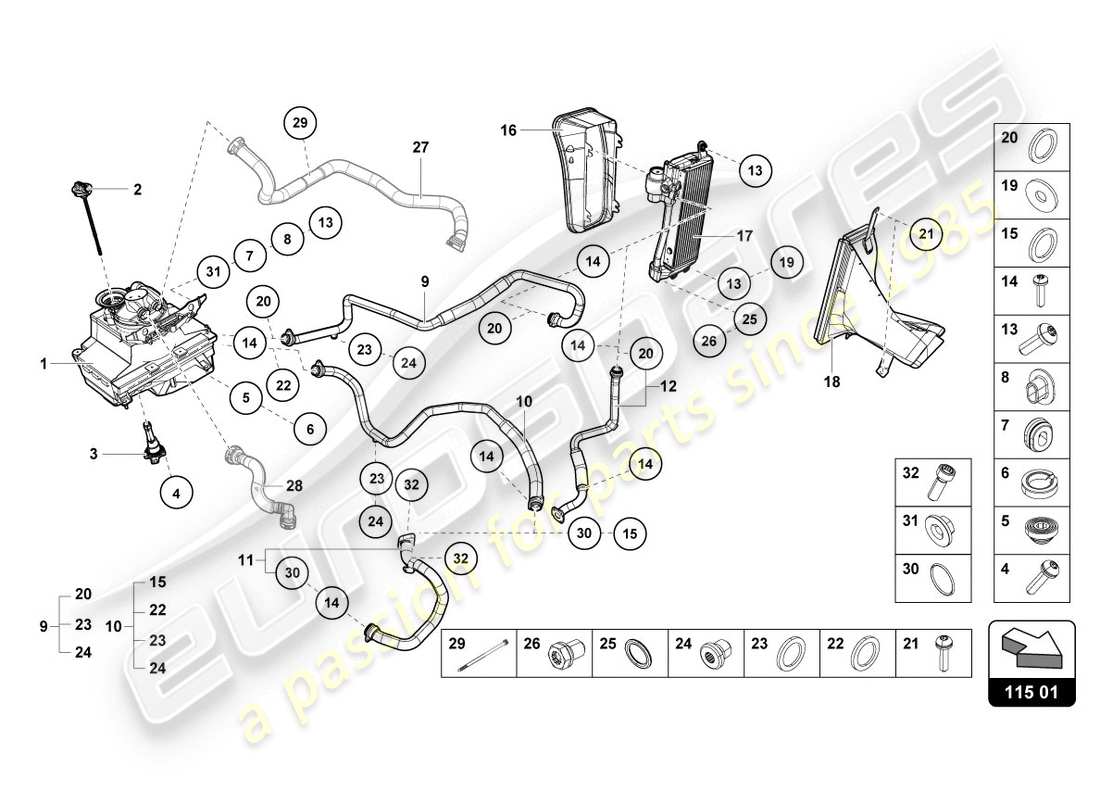 lamborghini evo spyder (2020) hydraulic system and fluid container with connect. pieces parts diagram