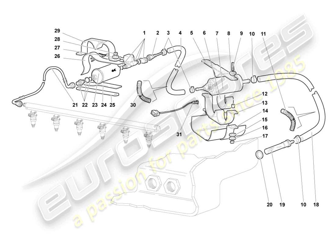 lamborghini murcielago coupe (2004) fuel line with breather pipe part diagram